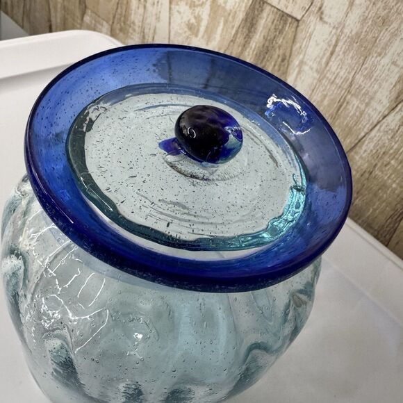 Hand Blown Glass Canister Mexico with lid Blue Rim Biscuit Cookie Jar 6”x4” Farm - Picture 16 of 16
